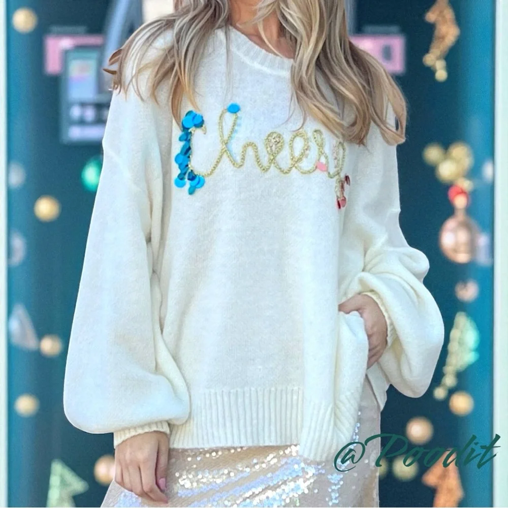 AND THE WHY oversized Cheers ivory part wool holiday sweater S/M M/L Combo Size - Picture 11 of 11